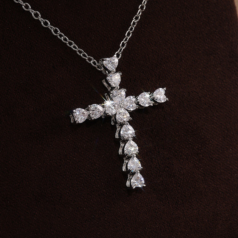 Crystal Heart Cross Pendent Necklaces For Women Shiny CZ Fine Anniversary Gift Fashion Versatile Female Necklace