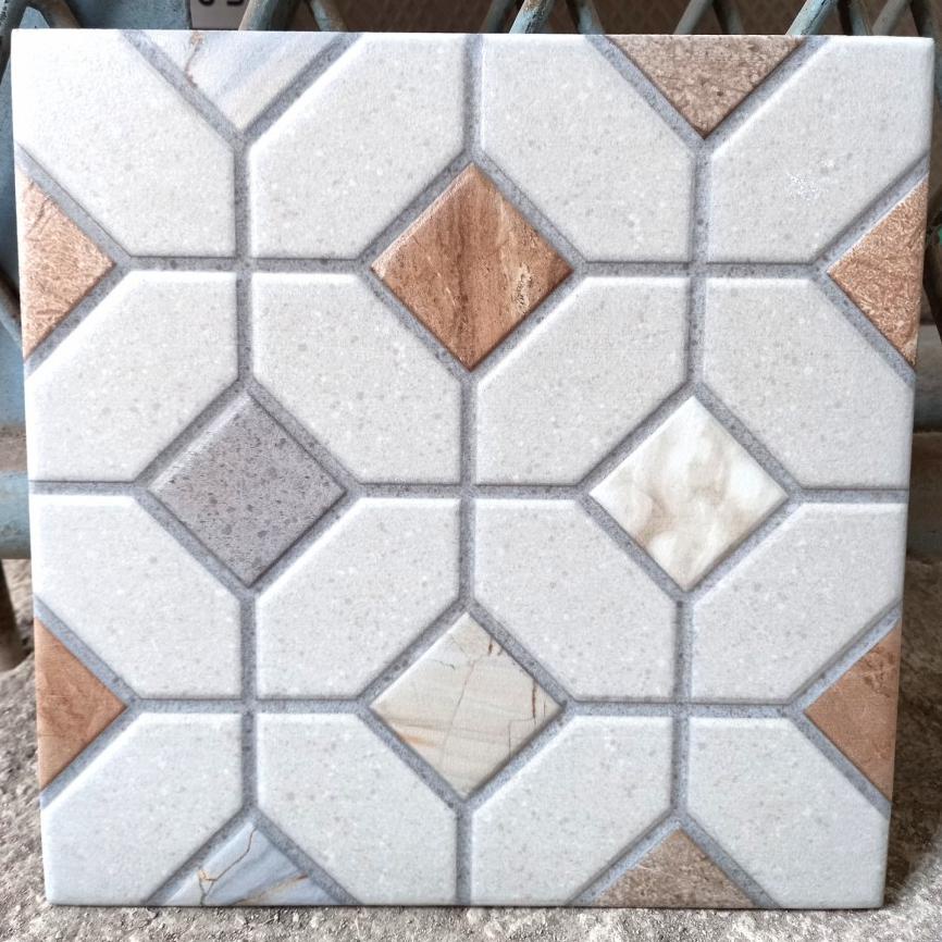 KERAMIK LANTAI TERAS GARASI 25X25 KASAR TIMBUL HEXAGON ABU COKLAT MARMER MULIA D8A3
