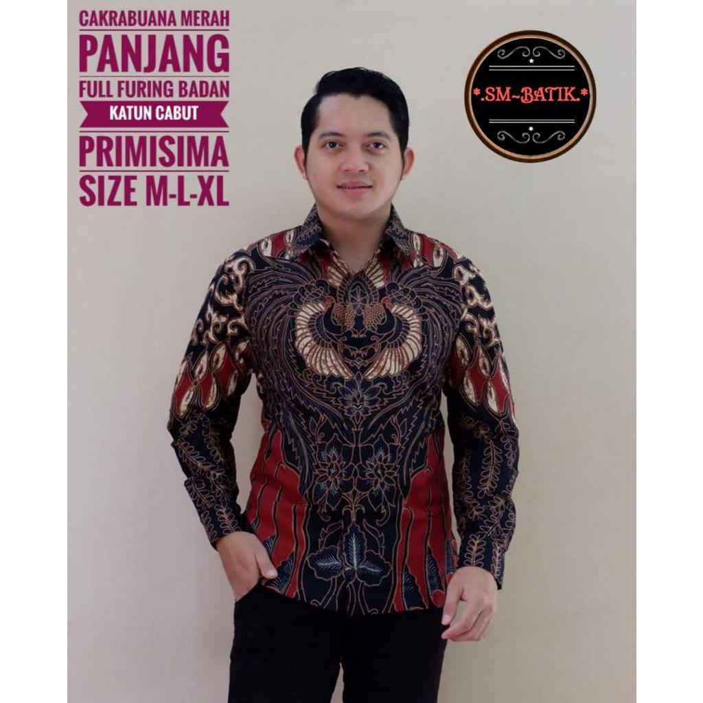 Kemeja Batik Pria Exclusive Lengan Panjang Warna Merah Hitam Batik Lapis Furing CAKRABUANA MERAH PJG