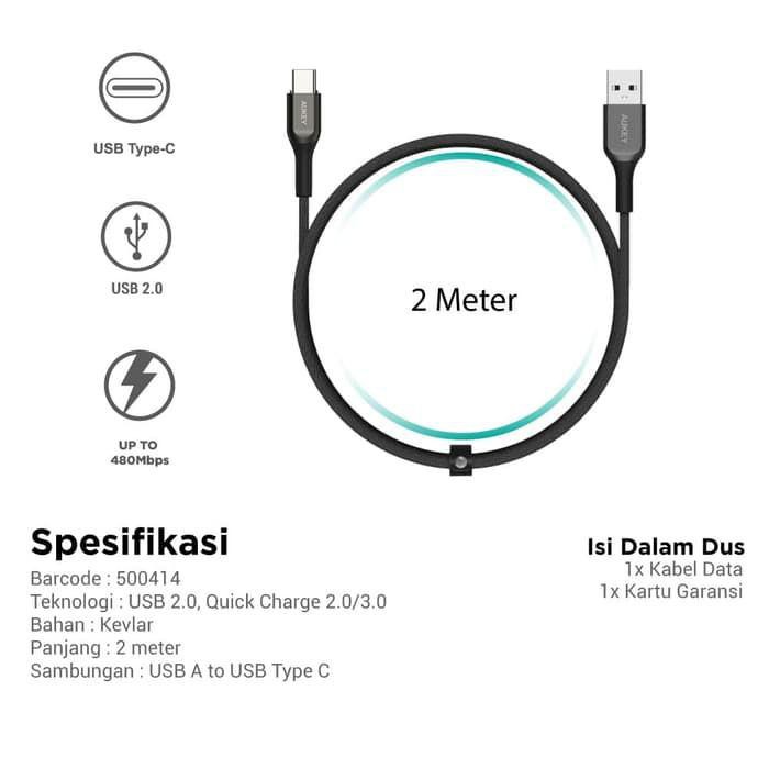 Aukey Cable Kevlar USB To Type C Charge 3.0 - 2m - 500414 - CB-AKC2