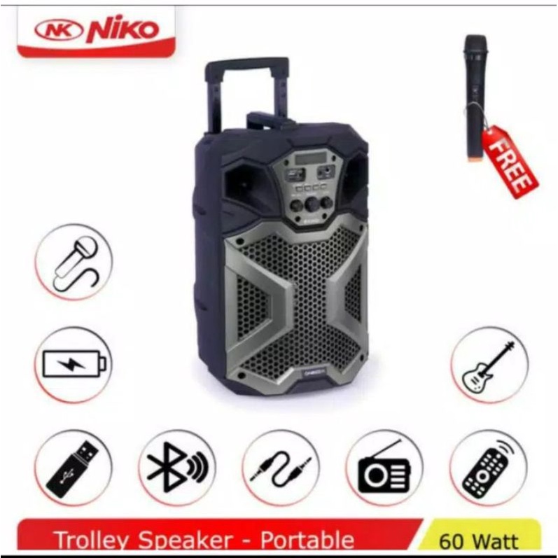 Trolley Speaker AC/DC Niko Echo 8 Bluetooth 8 Inch 60 Watt Free Mic