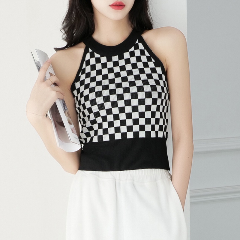 【Elegant】 Sleeveless Round Neck Letter Short Knitted Vest   7386