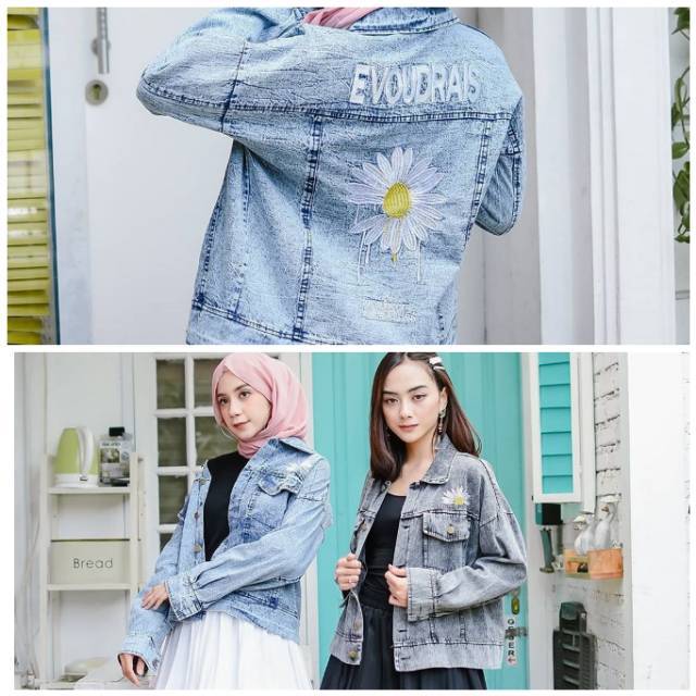 Kheva jaket jeans bordir wanita/jaket jeans bordir bunga/jaket jeans murah/jaket jeans cewek