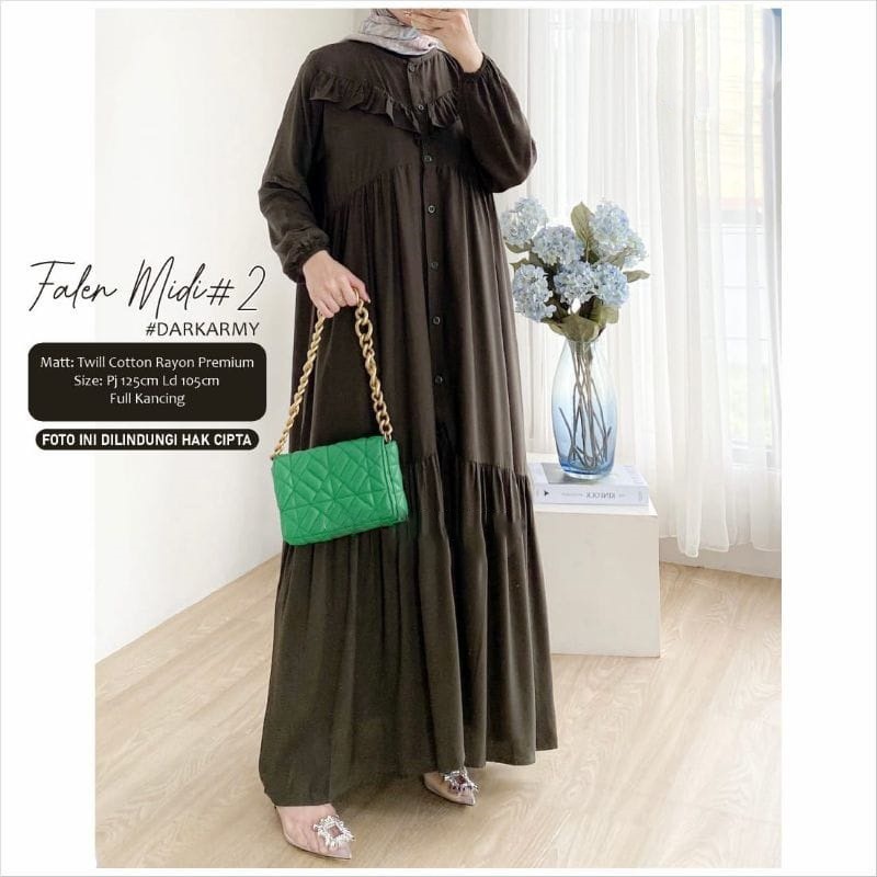 FALEN MIDI - Midi Dress Wanita - Busui Friendly - Gamis  katun Rayon  - Mididress Kekinian - Fashion OOT