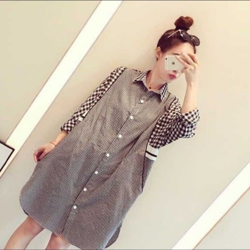MDLV ~ 1854# Plaided Long Shirt Dress Kemeja Kotak Fashion Import