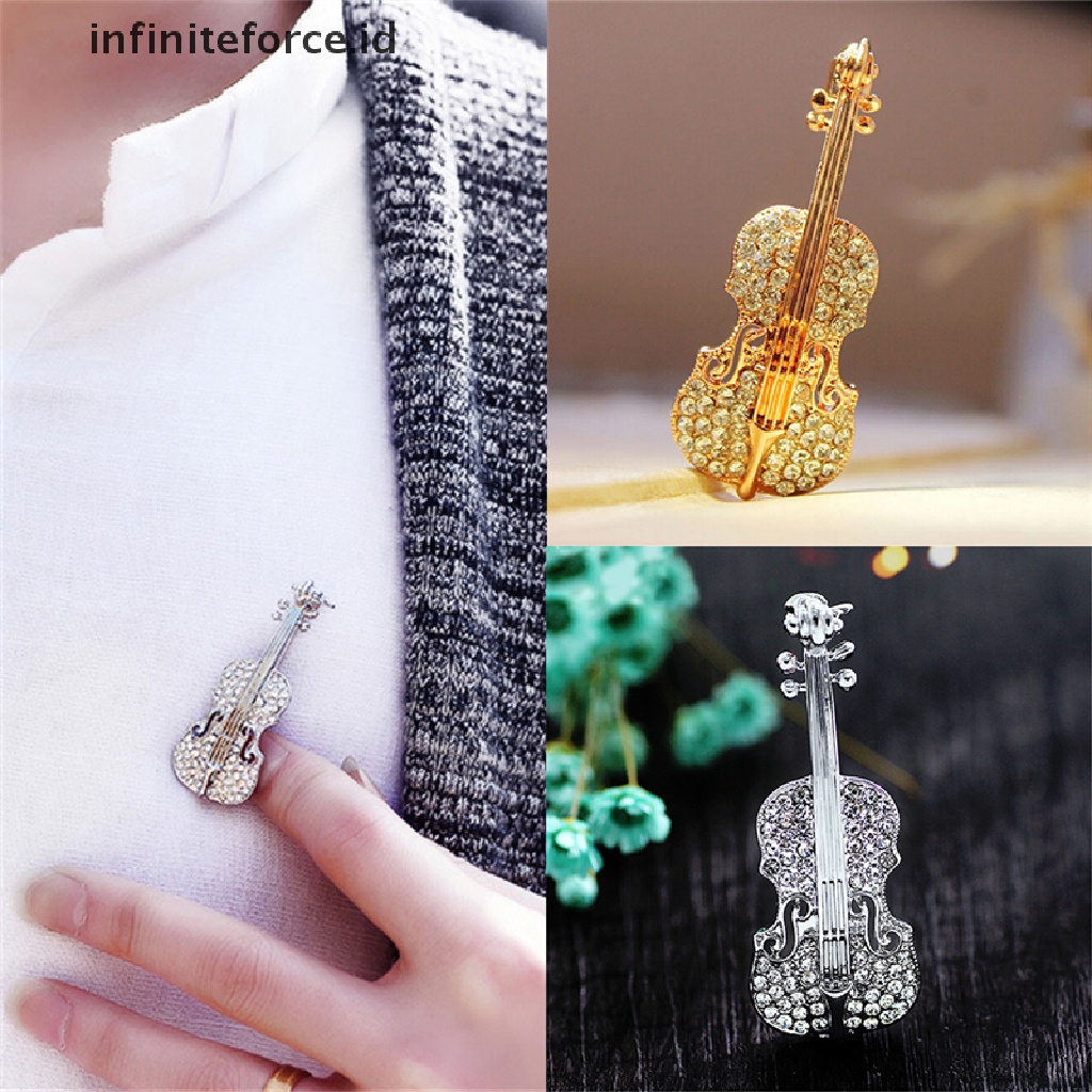 Bros Bentuk Biola Lapis Emas / Silver Aksen Kristal Berlian Imitasi Untuk Syal