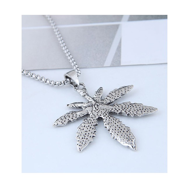 LRC Kalung Fashion Silver Metal Maple Leaf Long Necklace A57454