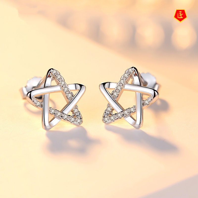 [Ready Stock]Simple 925 Silver Pentagram Diamond Stud Earrings