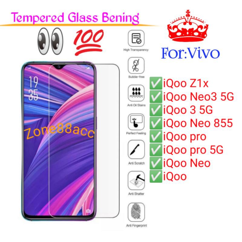 Vivo iQoo Pro Z1x Neo 3 855 Neo3 Neo855 Antigores Bening Tempered Glass Screen Guard protector TG