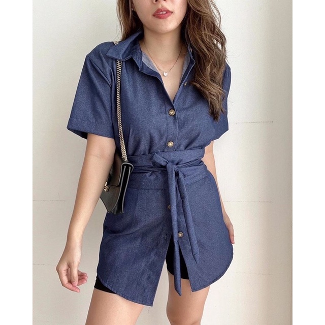 KEMEJA WANITA KOREA STYLE DENIM JEANS ATASAN CEWEK BAJU KERAH FREE OBI BELT GRATIS IKAT PINGGANG LIL