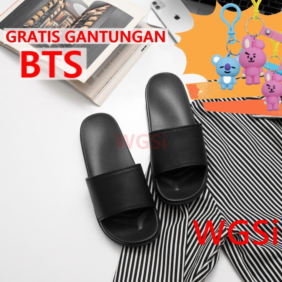 Sandal Slide On Pria Wanita Polos Sendal Selop Berhadiah Gantungan BTS BT12 dan Stiker BTS by WGSi