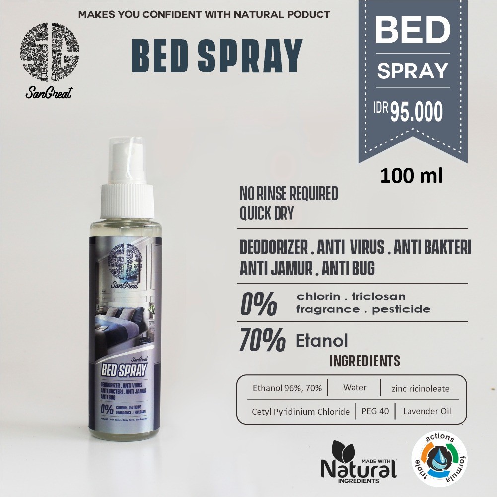 SanGreat Bed Spray 100 ml-Anti bakteri virus dan jamur dan anti serangga anti kutu kasur anti tungau penghilang bau ompol penghilang bau keringat penghilang bau air liur