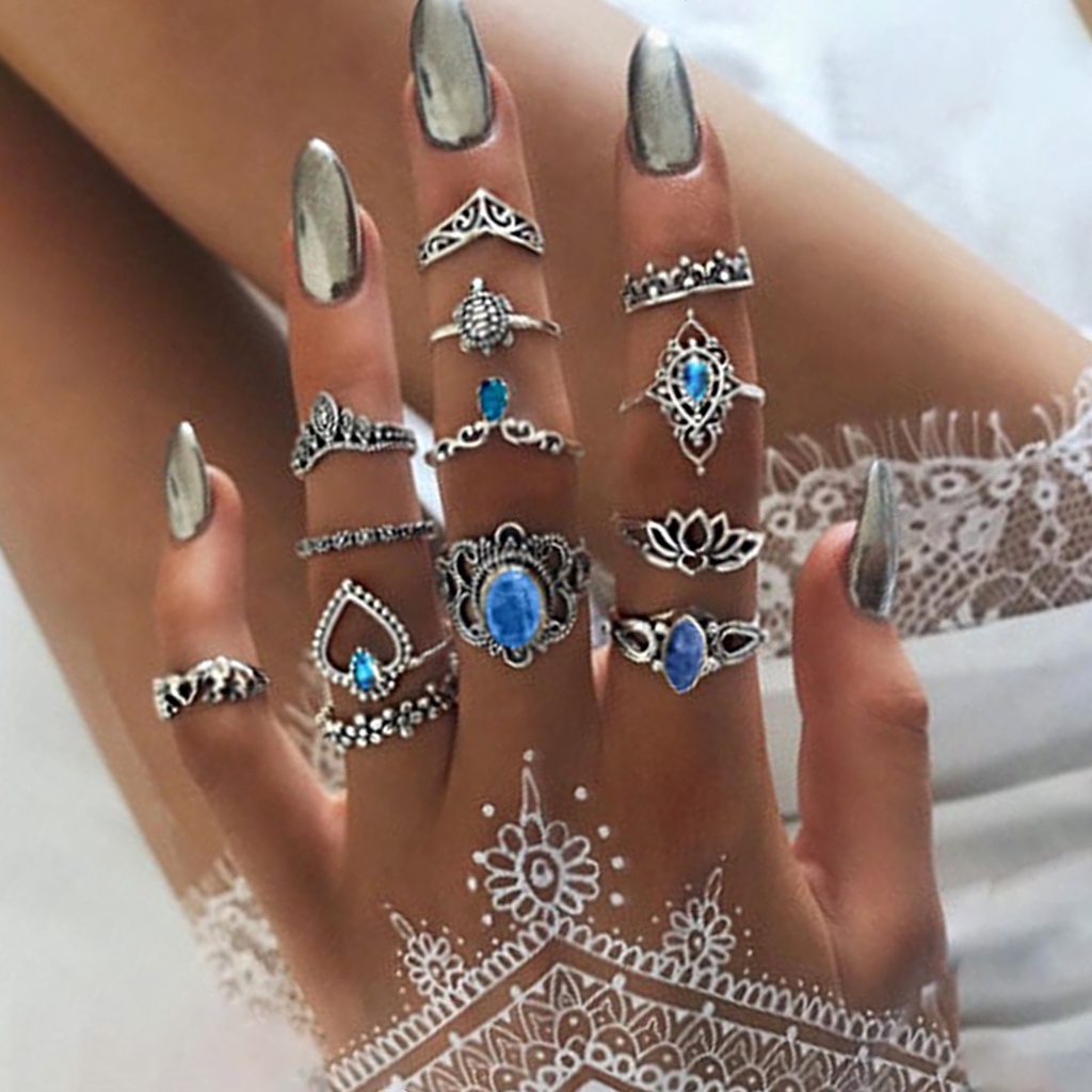 Hu Hu Hu Hu Hu Alat Bantu Pasang Kacamata♡ 11 / 13 / 15pcs Cincin Knuckle Bahan Alloy Desain Ukiran Bunga Hias Permata Imitasi Warna Hitam Gaya Bohemian