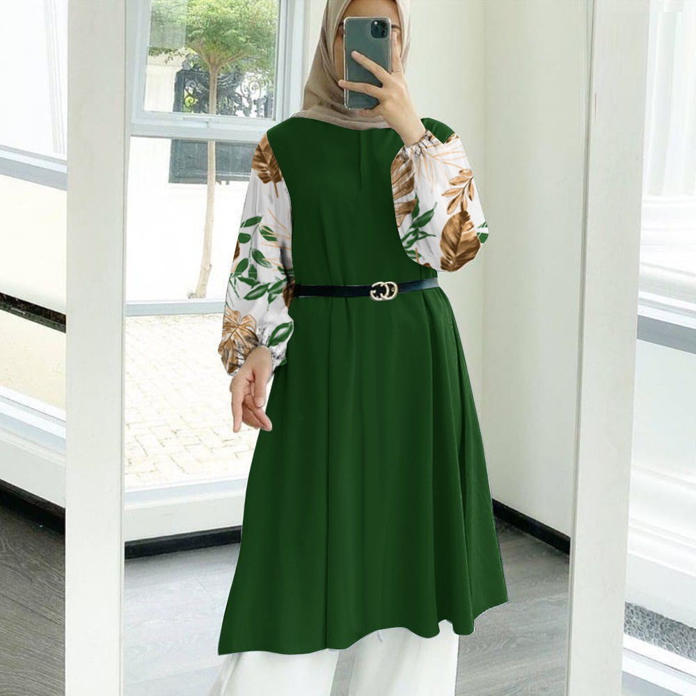 Tunik Jumbo - Gamis Wanita Kekinian - Baju Atasan Wanita - Bungaz Motif Gabungan - Lexoir-Bungaz Tunik Hijau