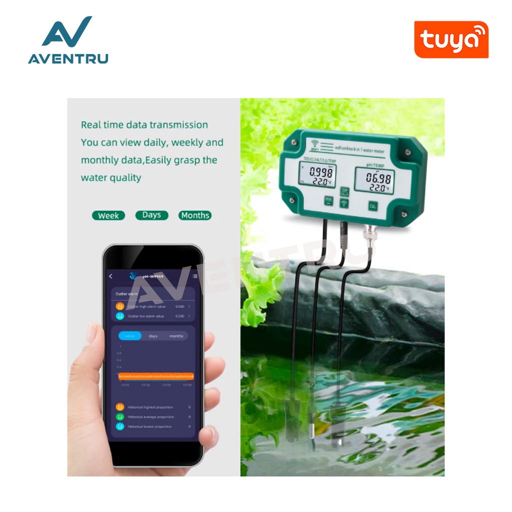 Smart WiFi Tuya 6in1 PH EC TDS Salinity S.G Temperature Meter W3988 Pengukur Kualitas Air