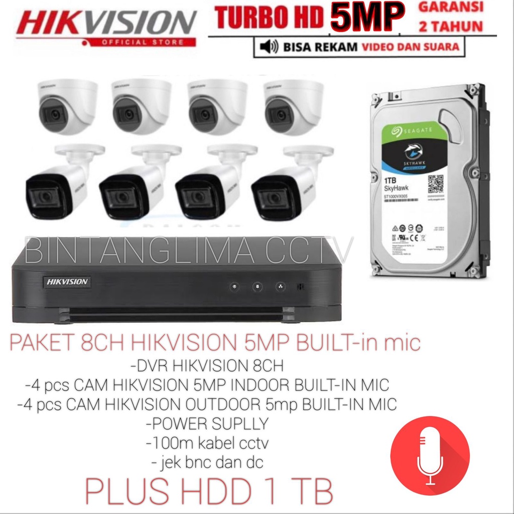 PAKET 8 CAMERA HIKVISION 5MP BUILT-IN MIC BISA REKAM GAMBAR DAN SURA