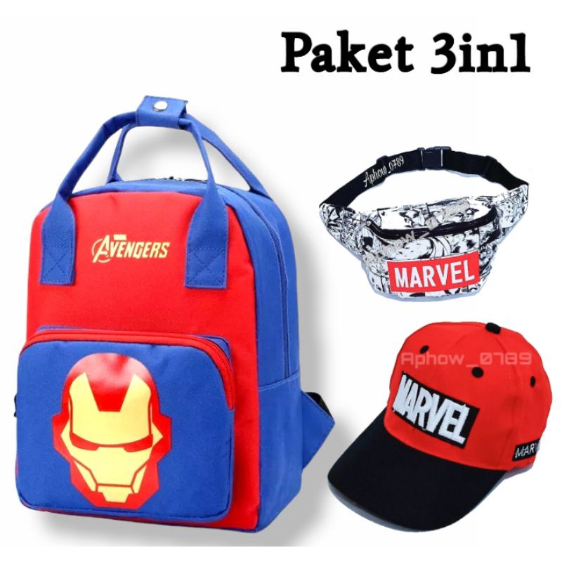 Tas ransel anak sekolah ironman capten spiderman gratis topi tas selempang