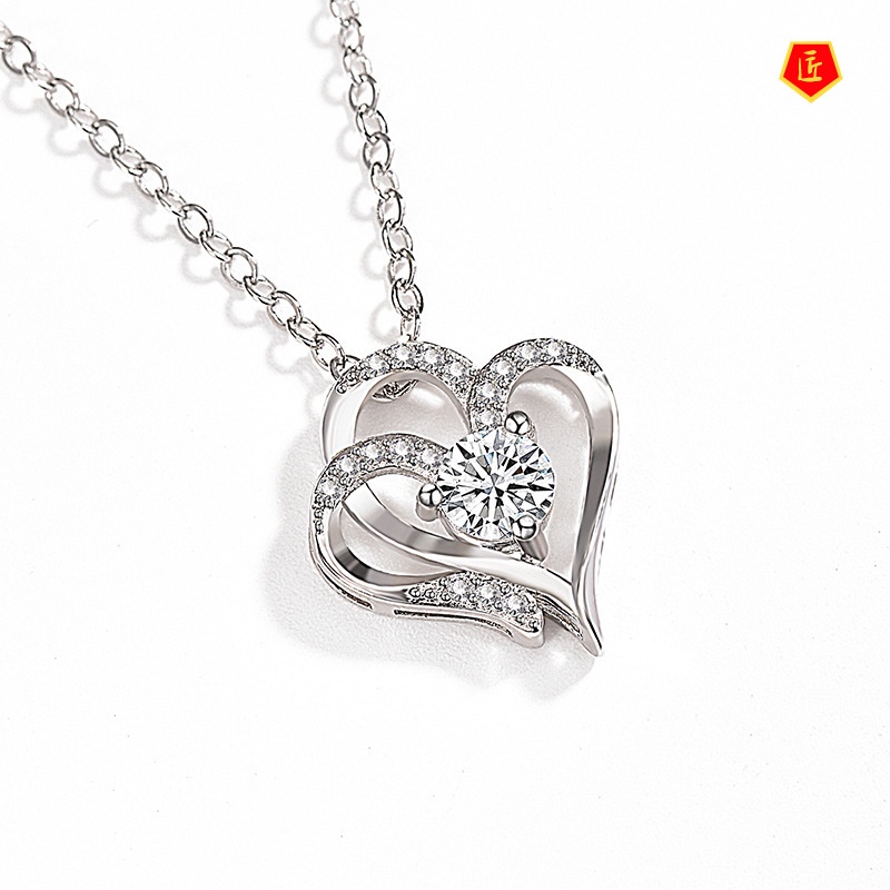 [Ready Stock]Platinum Heart-to-Heart Diamond Pendant Necklace Elegant Niche