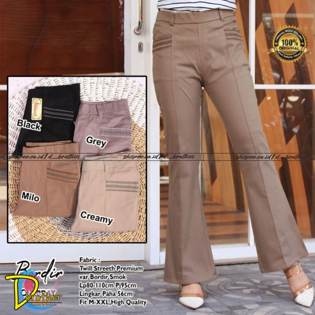 Celana Highwaist Cutbray Bordir Smok Bahan Twill Combed Standart dan Jumbo