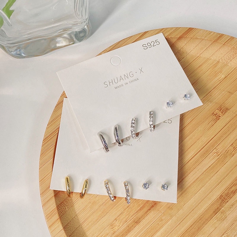 3 Pasang / Set Anting Hoop Berlian Warna Emas Silver Untuk Aksesoris Perhiasan Wanita