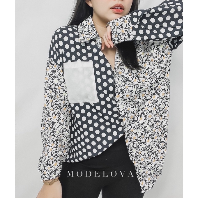 MDLV ~ 2690# Sarabeth Combine Shirt Premium Import Kemeja Two Tone Kemeja Blouse Korea Fashion Import