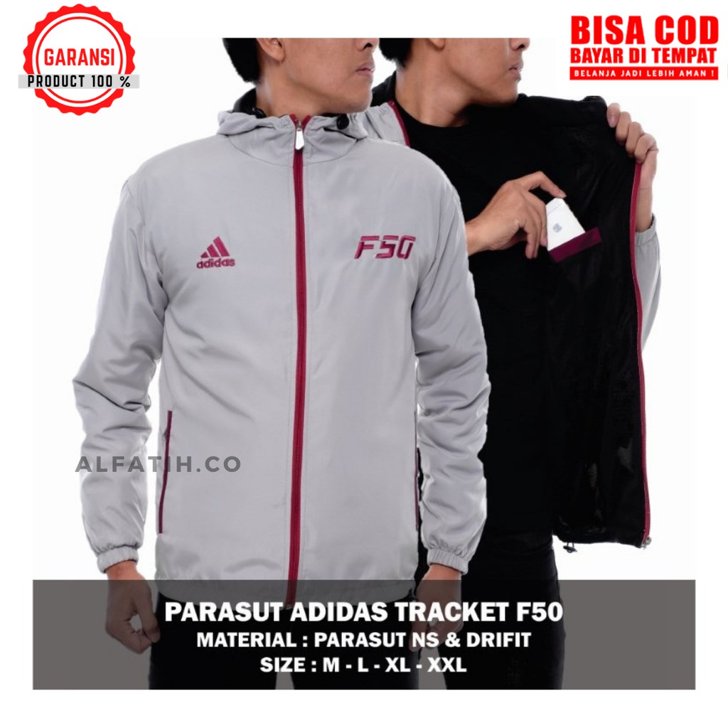 Jaket Parasut [Adidas F50] Sepeda Jogging Lari Pria Wanita  Abu Strip Maroon