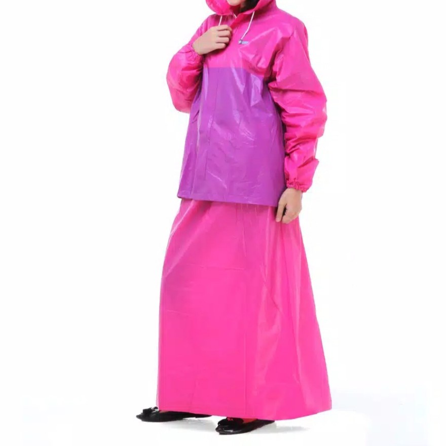 Jas Hujan Wanita Dewasa Mantel Hujan Valencia Setelan Jaket Rok Kombinasi Ungu Pink