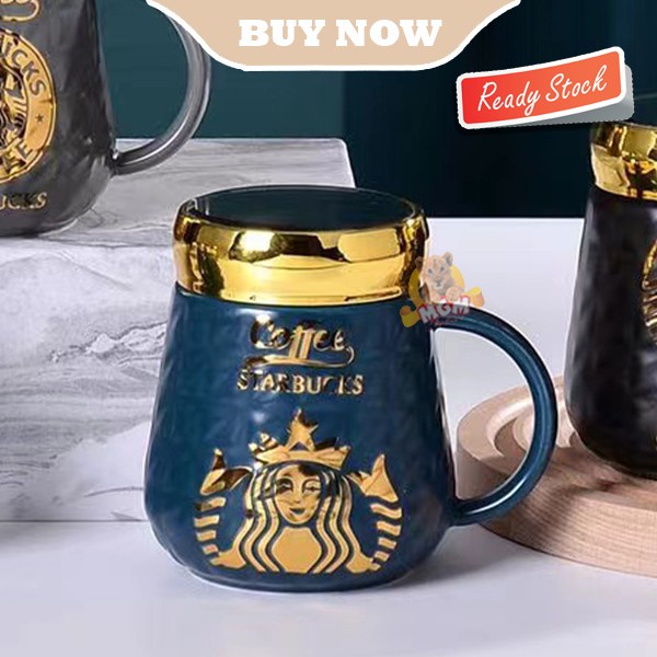 Gelas Starbucks Keramik Mug Starbucks GOLD dengan Tutup Kaca