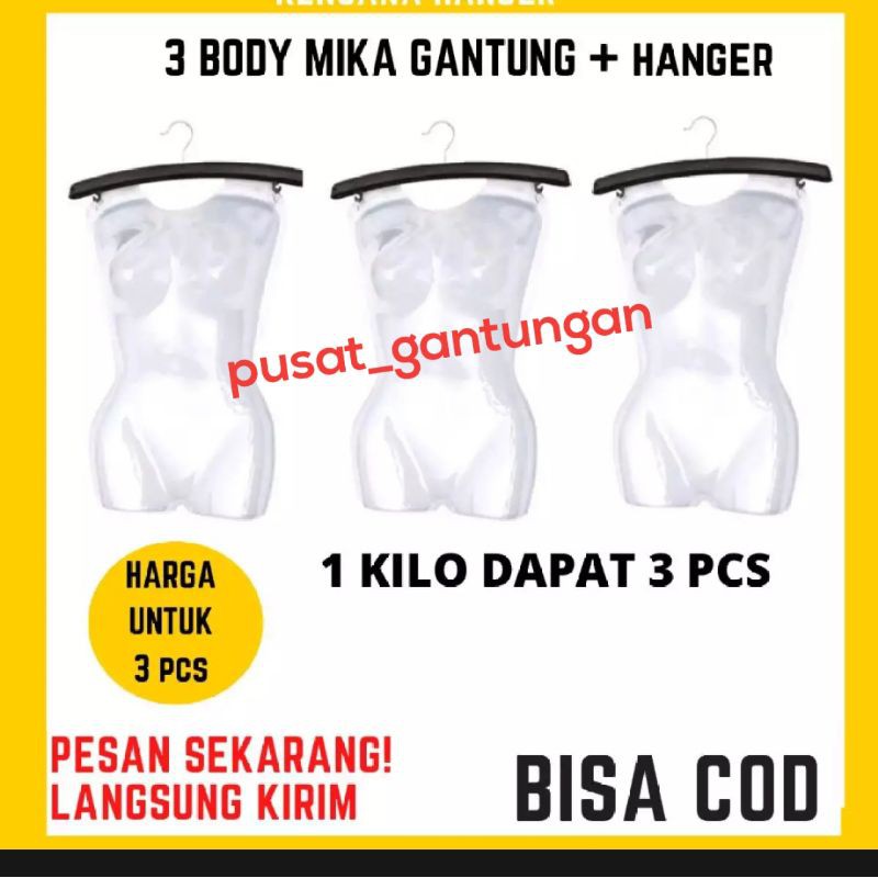 manekin mika bodi gantungan full bening cewek + hanger( 3 Set ) body mika