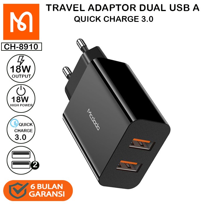 Adaptor Charger Dual Usb Output Fast Charge Mcdodo CH-8910 QC3.0 18W