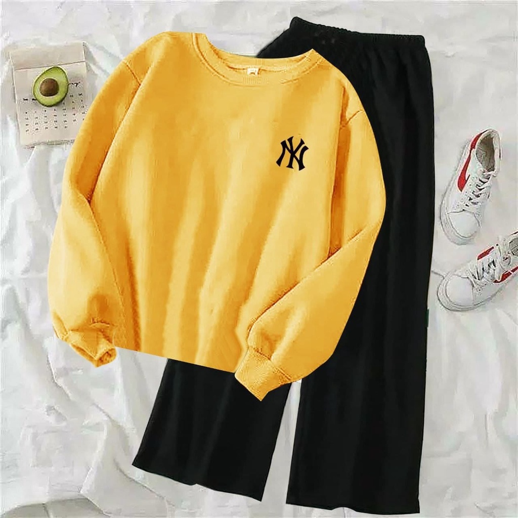 (COD)ST NY / Stelan Kulot Polos Wanita / Stelan Sweater Terlaris / Stelan NY Bordir / Sweater Lengan Panjang&Celana Kulot Viral-KUNING ATASAN SAJA