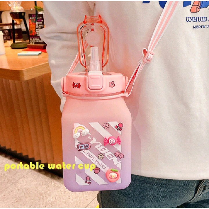 Botol Minum Kotak Gemoy 1,5 Liter Botol Minum Anak - Botol Minum Kotak Gradasi Pelangi 1500 ML Free Stiker 2D &amp; 3D