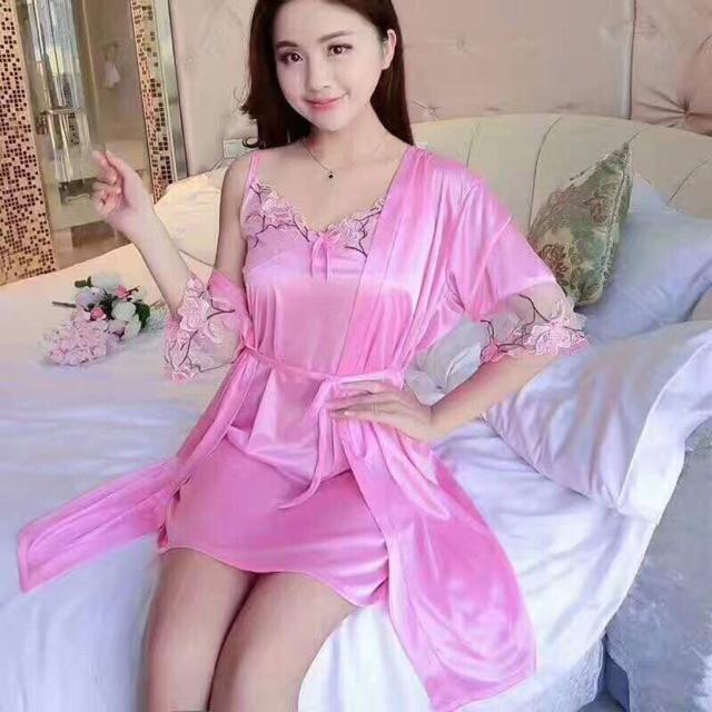 Kimono Baju Tidur Wanita Deep Flower Katun Satin Hantaran Nikah-E - soft pink