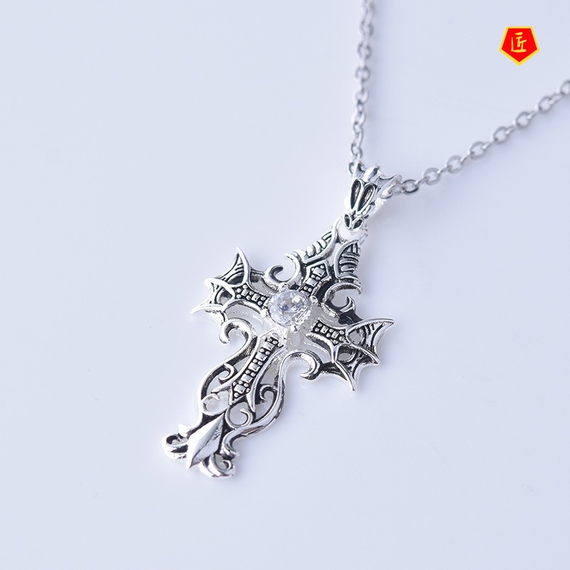 [Ready Stock]Creative Retro S925 Silver Black Cross Pendant Jesus Christ Diamond-Studded Necklace