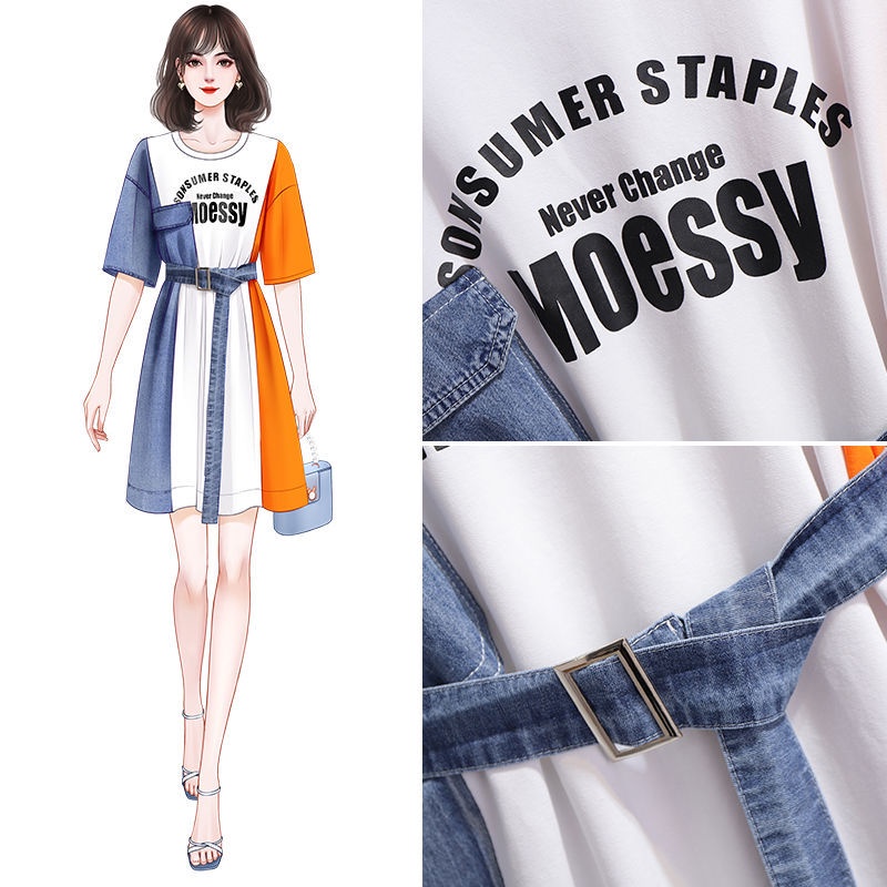 Denim stitched T-shirt dress women's summer 2021 new design sense, small people close the waist and