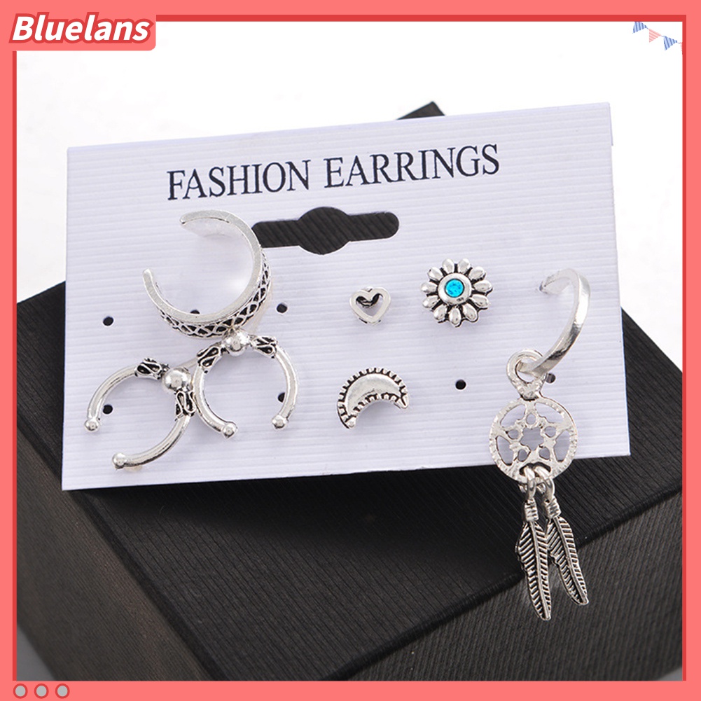 7pcs Anting Stud Bentuk C Desain Dream Catcher Bulan Hati Gaya Retro Untuk Wanita