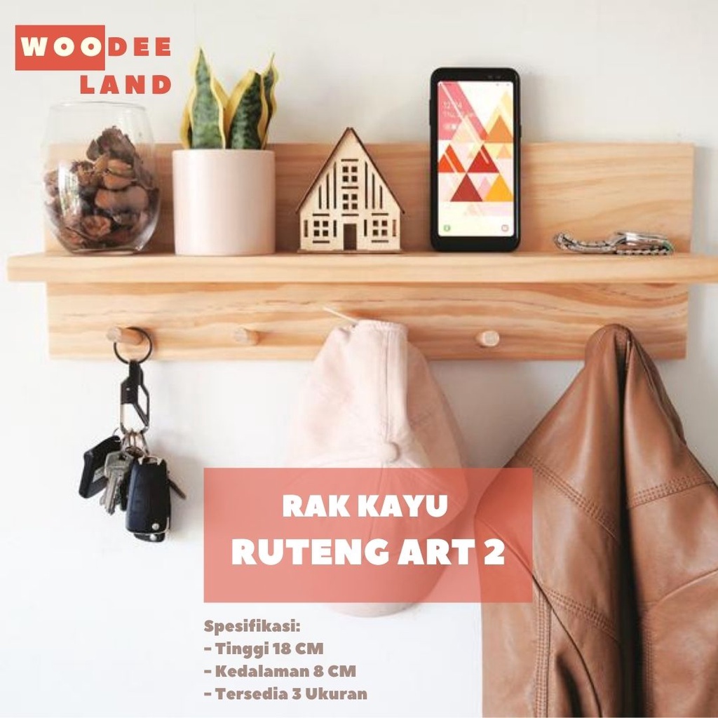 WOODEELAND Rak Dinding RUTENG II - Rak Dinding Kayu | Rak Kayu | Gantungan Baju Kayu | Rak Kayu IKEA