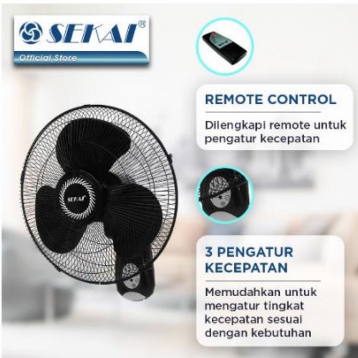 SEKAI Wall Fan Kipas Angin Dinding Remote 16 Inch / 40 cm WFN 1628 RC Remot Hitam / Black