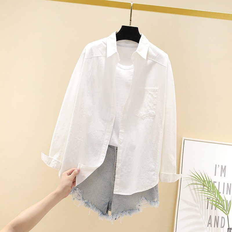 Kemeja Wanita Famira Top Bju Atasan Kmeja Lengan Panjang Polos Murah Size M L Katun Cewek-White