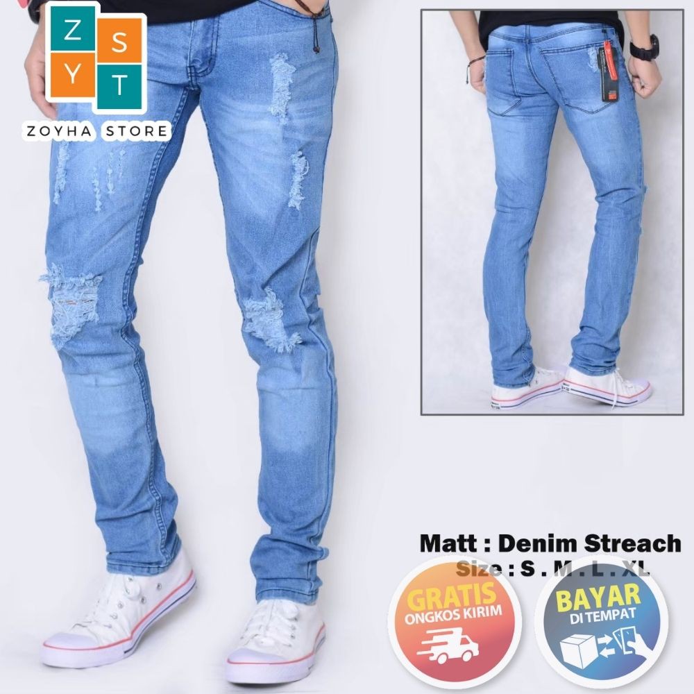 Celana jeans pria sobek lutut robek ripped destroy premium bioblitz bio blitz size 27-34 cut knee