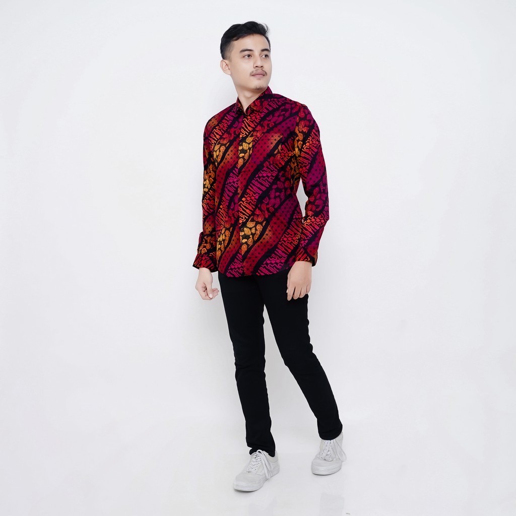 [READY BIG SIZE] BABEDO KEMEJA BATIK PRIA LENGAN PANJANG GRADASI MERAH HEM BATIK PRIA PREMIUM