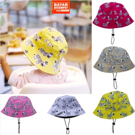 Bucket Hat Tali Anak Sablon Karakter Zebra Usia 1-8 Tahun Laki Perempuan