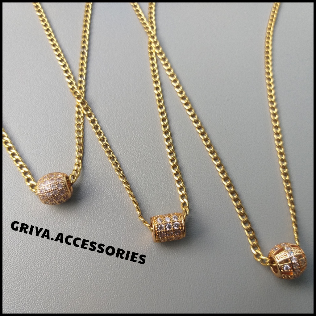 Kalung Rantai gold Stainless Steel  Liontin Cubic Zirconia lapis Emas 18k Titanium anti Karat