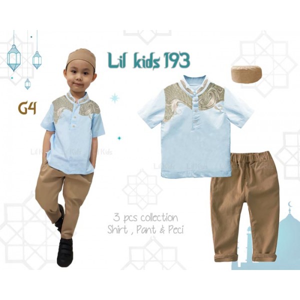 IMPORT LK193 G4 Baju Koko Muslim India Anak Biru Muda Lengan Pendek Kopiah Peci Pakistan Punjabi