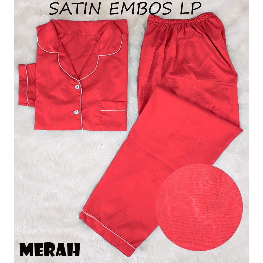 Rottenklass LP Piyama Saten Sleepwear Stelan Baju Tidur Lengan Panjang Celana Panjang Satin Embos-MERAH