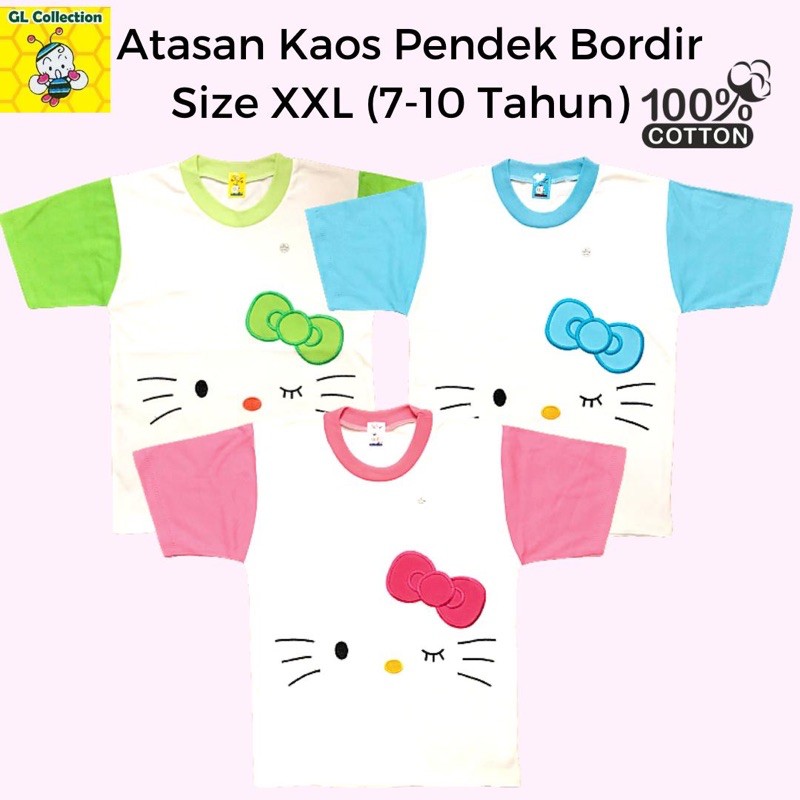 OBRAL! ECER ATASAN KAOS PENDEK ANAK SIZE XXL (7-8TAHUN) BORDIR KITTY