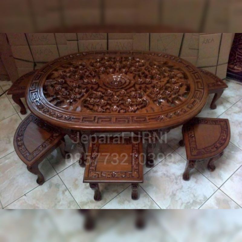 Meja Tamu Ukir Jati Jepara I Meja Ukir Jati I Meja Oval Jati Jepara I Meja Oshin Jepara