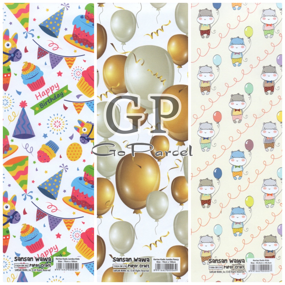 ( 5 Lembar ) JUMBO BDAY SANWA - KERTAS KADO BIRTHDAY SANWA - GIFT WRAP PAPER SANSAN WAWA UNICORN HAPPY BIRTHDAY ULANG TAHUN BALON GOLD EMAS RAINBOW