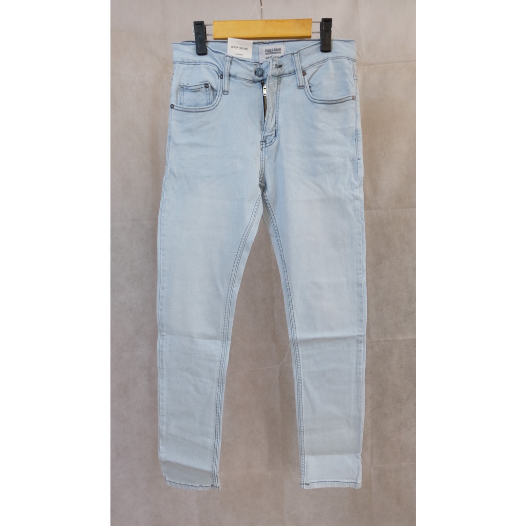 CELANA JEANS SKINNY PULL&amp;BEAR PRIA BLUE LIGHT STRETCH BIRU MUDA TERANG