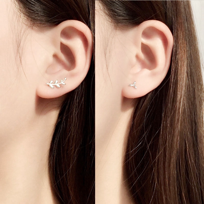 Exquisite Bright Anting Tusuk Asimetris Sterling Silver 925 Model Ranting Daun Zaitun Hypoallergenic Untuk Wanita